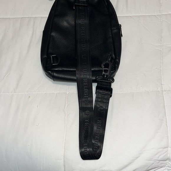 True Religion small black leather backpack with branded canvas strap EUC - Picture 6 of 8